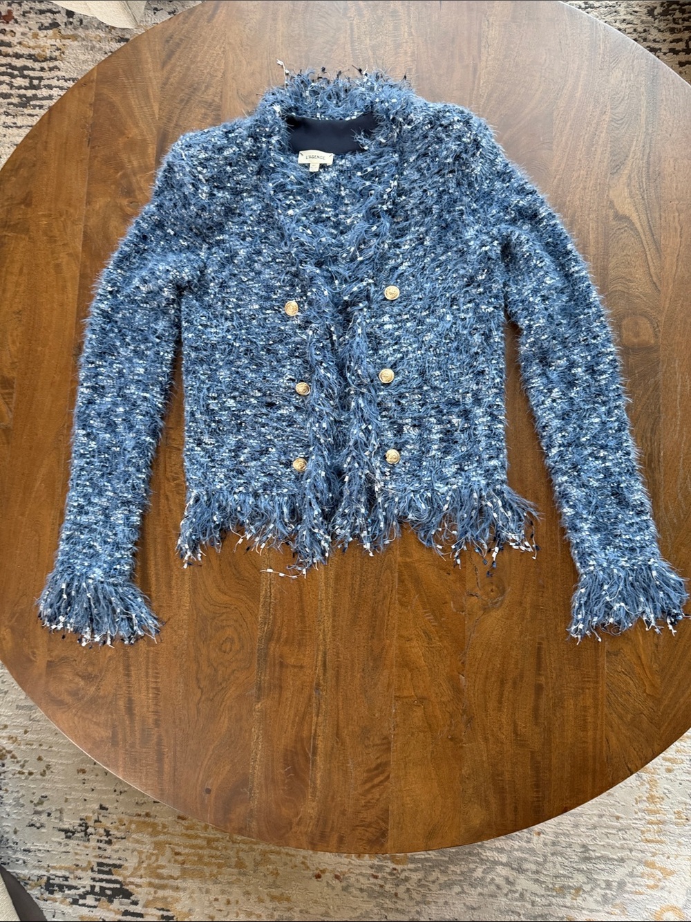 L'AGENCE Sky Blue Textured Fringe Knit Cardigan Sz XS Gold Toned Buttons